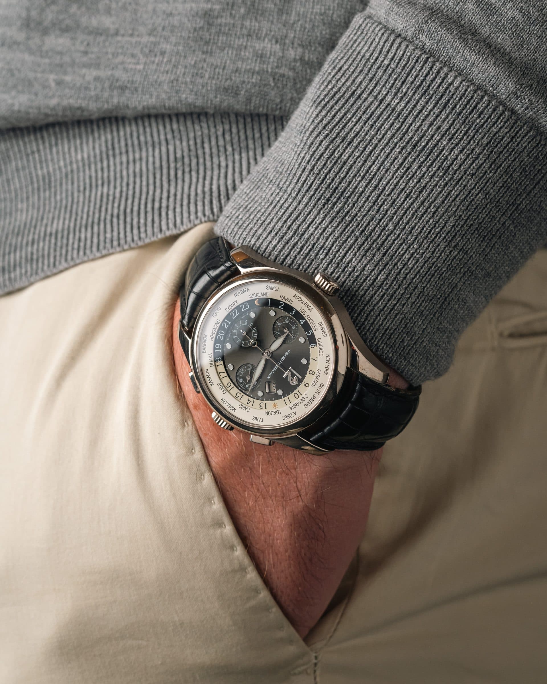 World time chronograph worn on the wrist
